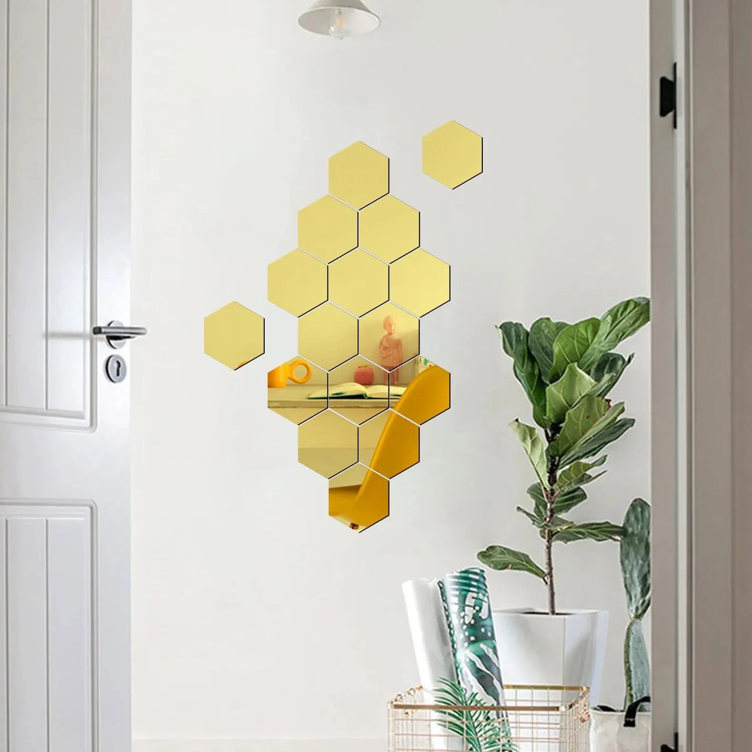 12PCS/Lot Removable Geometric Mirror Wall Stickers - Solid Hexagonal Shape, DIY with Built-in Adhesive for Home Decoration