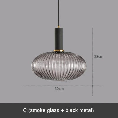 Modern Ribbed Glass Pendant Lamp Smoke Cognac Green Nordic Suspension Light Dinning Room Bedroom Restaurant Hotel Bedside Cafe