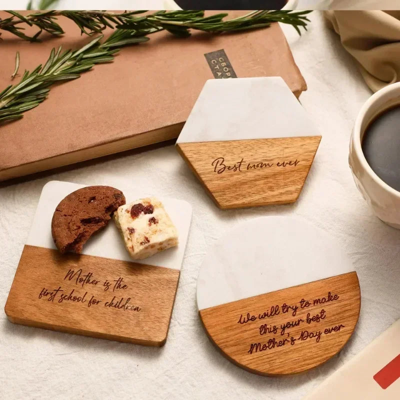 Free Custom Personalized Marble Acacia Wood Coaster Gifts for Colleagues and Friends Insulation Coaster Stone and Wood Splicing