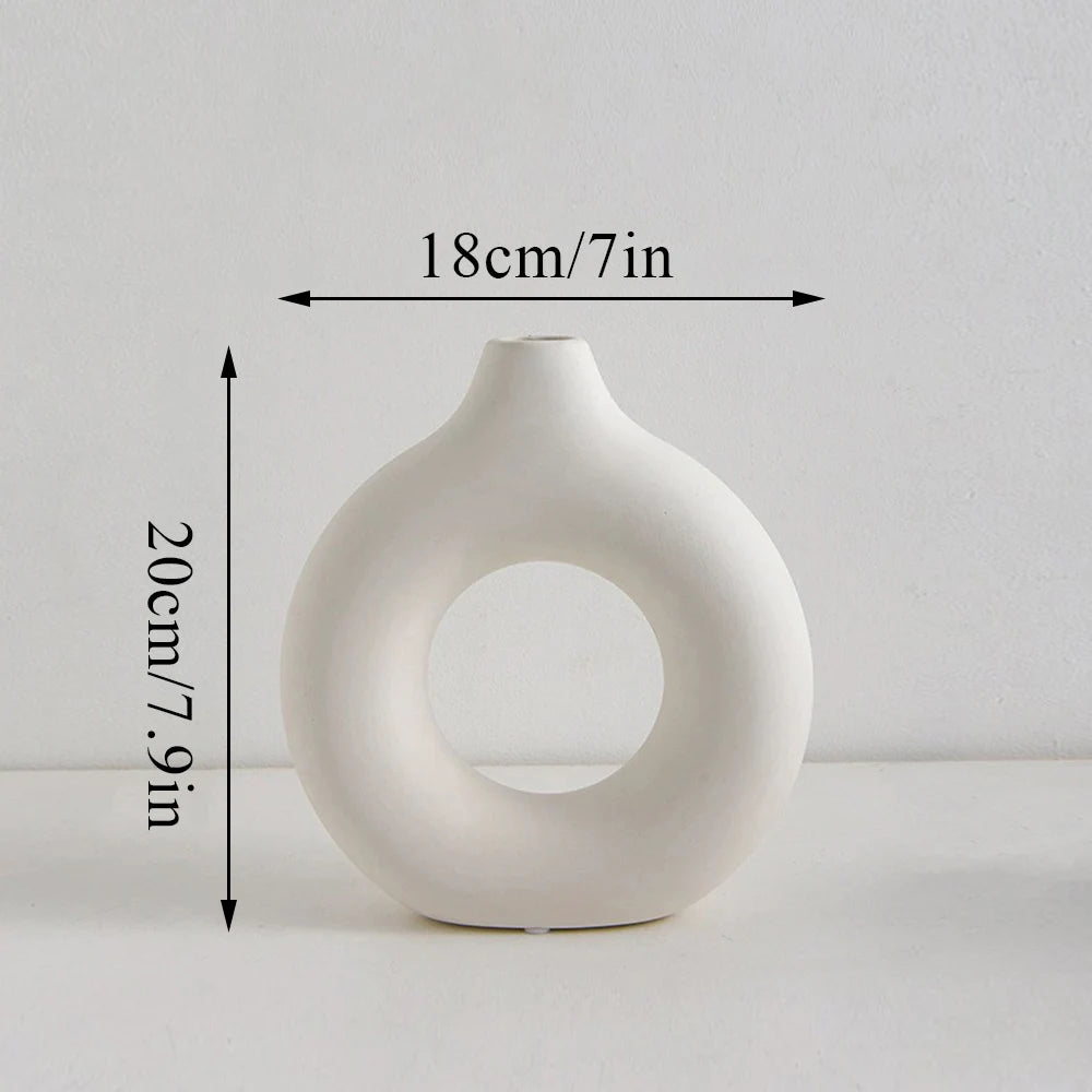 1pcs Black Nordic Ceramic Vase Circular Hollow Donuts Flower Pot Home Decoration Accessories Interior Office Desktop Decor Gift