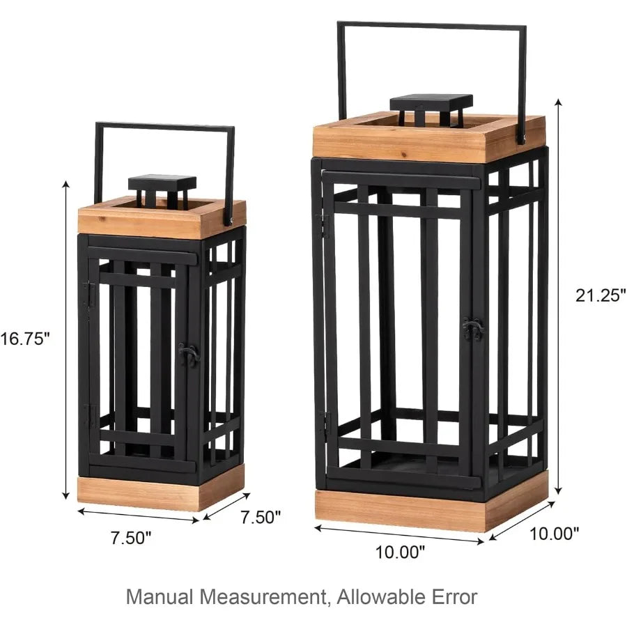 Set of 2 Modern Square Metal and Wood Hanging Lanterns with Decorative Candle Holder Design for Elegant Outdoor and Indoor Ligh