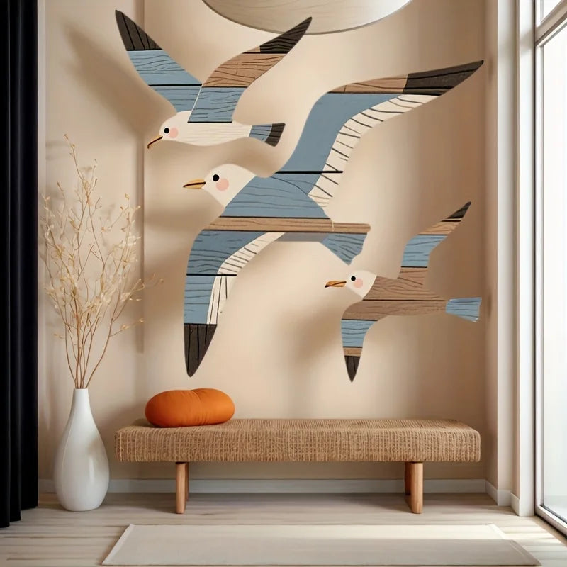 3PCS Wooden Seagull Wall Decorations Nautical Coast Theme Retro Beach Marine Bird Living Room Bedroom Wall Art Decoration