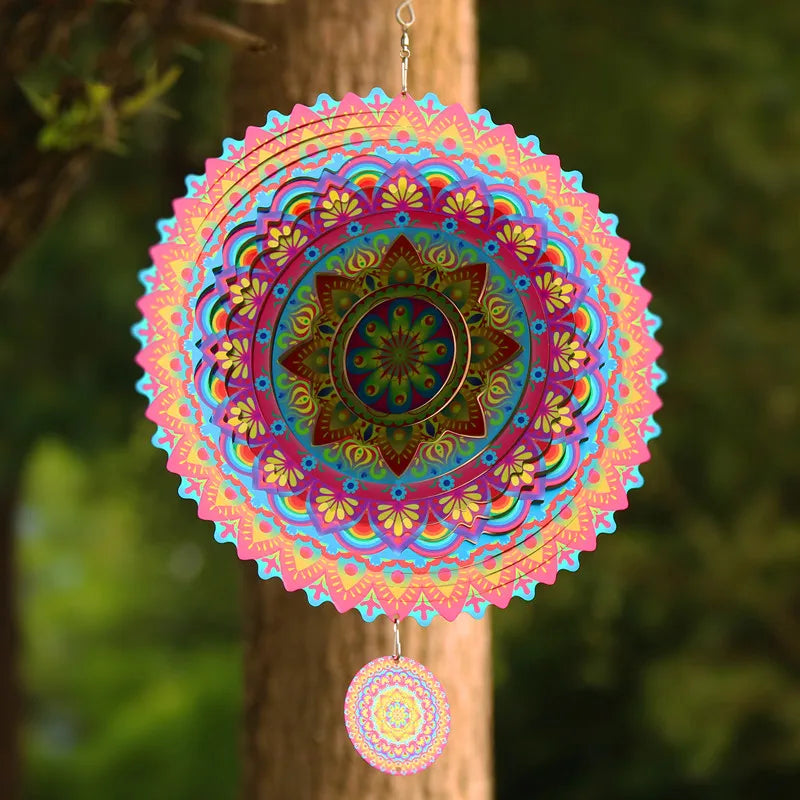 Wind Spinner Mandala Hanging Decor for Outdoor Yard and Garden Kinetic Sculpture Metal 3d Flower Chime Ramadan Patio Ornaments