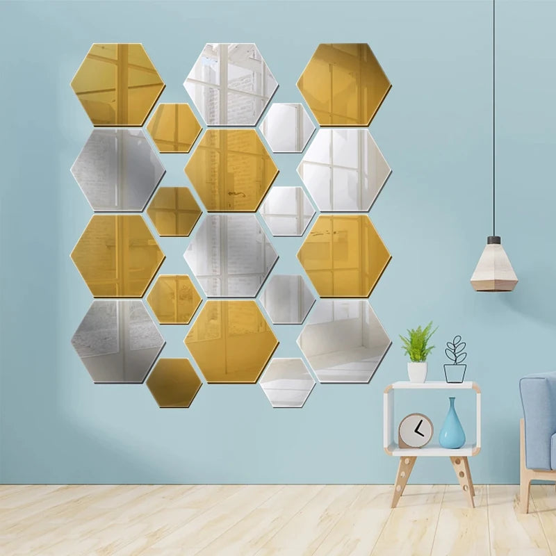 12PCS/Lot Removable Geometric Mirror Wall Stickers - Solid Hexagonal Shape, DIY with Built-in Adhesive for Home Decoration