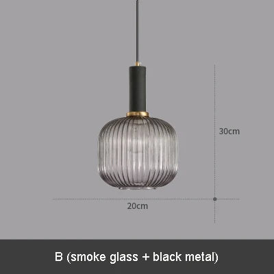 Modern Ribbed Glass Pendant Lamp Smoke Cognac Green Nordic Suspension Light Dinning Room Bedroom Restaurant Hotel Bedside Cafe