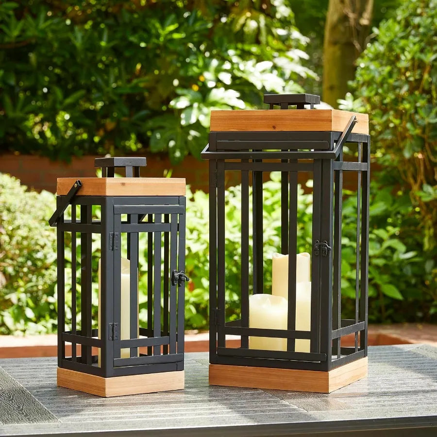 Set of 2 Modern Square Metal and Wood Hanging Lanterns with Decorative Candle Holder Design for Elegant Outdoor and Indoor Ligh