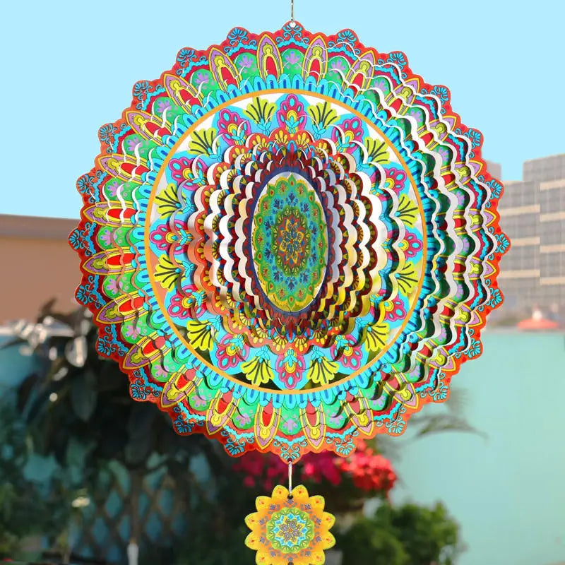 Wind Spinner Mandala Hanging Decor for Outdoor Yard and Garden Kinetic Sculpture Metal 3d Flower Chime Ramadan Patio Ornaments
