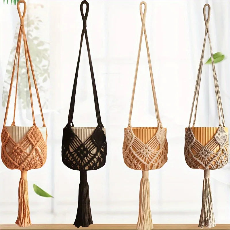 1pcs Boho Macrame Plant Hanger for Indoor Outdoor Hanging Succulents Cotton Rope Woven Hanging Basket with Net Pouch