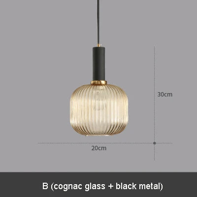 Modern Ribbed Glass Pendant Lamp Smoke Cognac Green Nordic Suspension Light Dinning Room Bedroom Restaurant Hotel Bedside Cafe