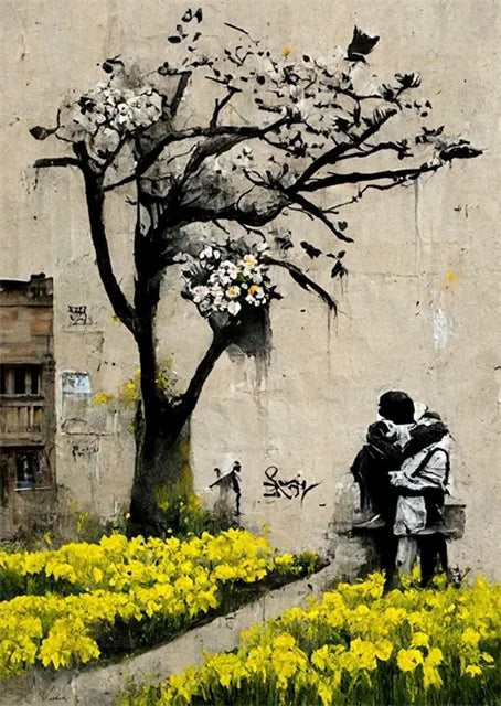 Banksy-Inspired Canvas Print-Graffiti Boy and Girl with Balloon Poster for Pop Street Art Decor in Living Room and Home