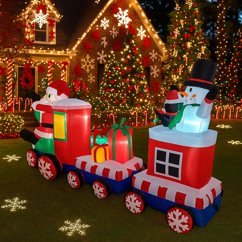 7.8FT Outdoor Holiday Decoration Santa Claus Train Inflatable Christmas Decor Xmas Yard Party Ornaments Lights Home Toys Prop
