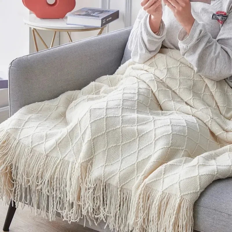 Bohemian Knitted Blankets with Tassels Cream White Oversized Nordic Textured Cozy Throw Blankets All Season Gift Chunky Blankets