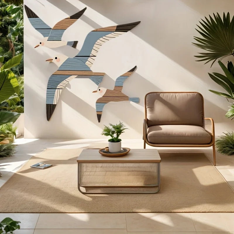 3PCS Wooden Seagull Wall Decorations Nautical Coast Theme Retro Beach Marine Bird Living Room Bedroom Wall Art Decoration