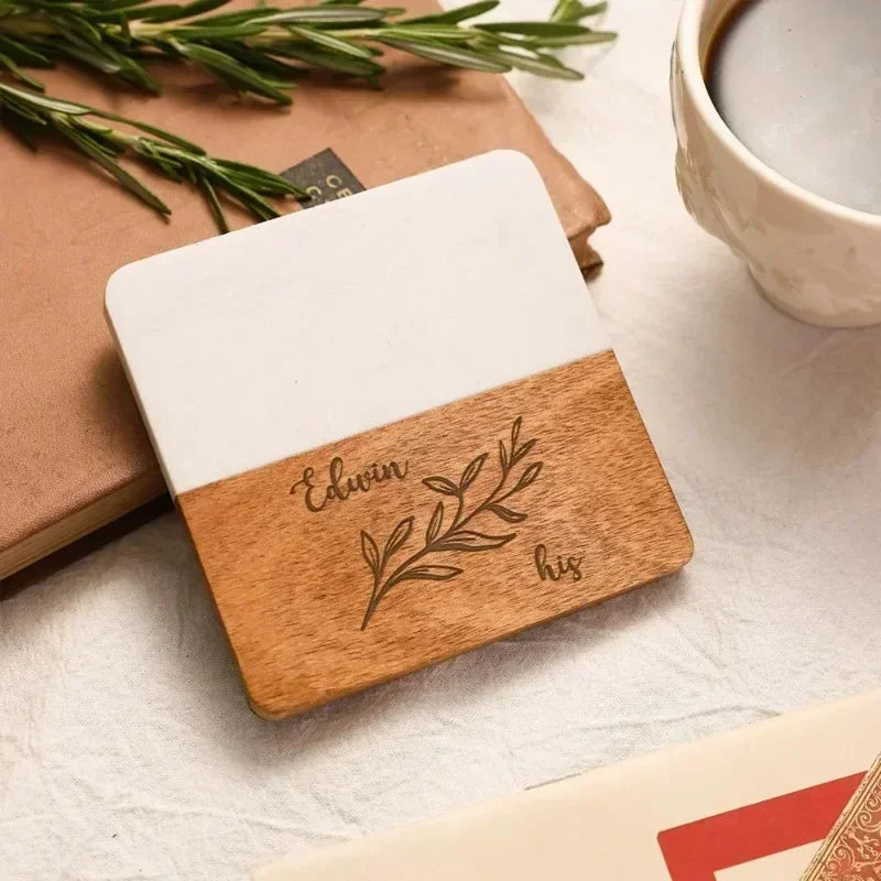 Free Custom Personalized Marble Acacia Wood Coaster Gifts for Colleagues and Friends Insulation Coaster Stone and Wood Splicing