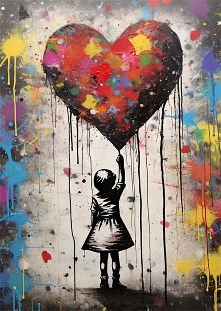 Banksy-Inspired Canvas Print-Graffiti Boy and Girl with Balloon Poster for Pop Street Art Decor in Living Room and Home
