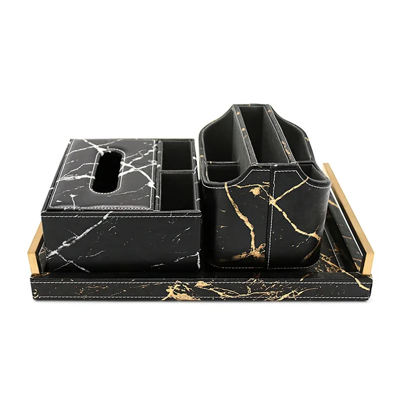 Nordic Marbled Leather Tray Rectangular Metal Handle Plate Storage Trays Decorative Home Hotel Coffee Table Service Plate Large