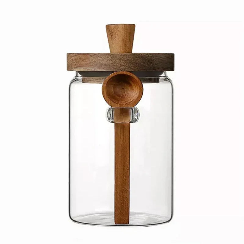 Coffee Bean Storage Jar Glass Sealed Containers Grains Jar with Wood Spoon Clear Spice Jars Kitchen Moisture-proof Storage Tank