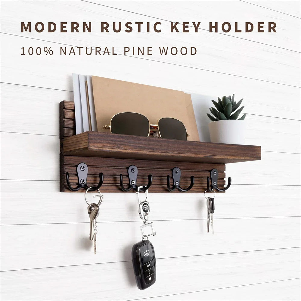 Wooden Key Holder for Entryway Decor Wall Mounted Mail Organizer and Key Hanger with 4 Hooks Rustic Rack for Keys Sunglasses