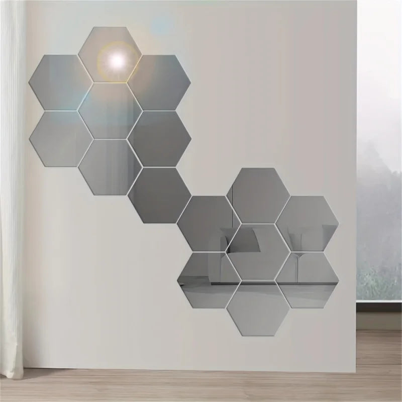 12 Hexagonal 3D Mirror Wall Stickers, Self-adhesive DIY Decoration for Living Room, Bedroom, Bathroom, Irregular Shapes