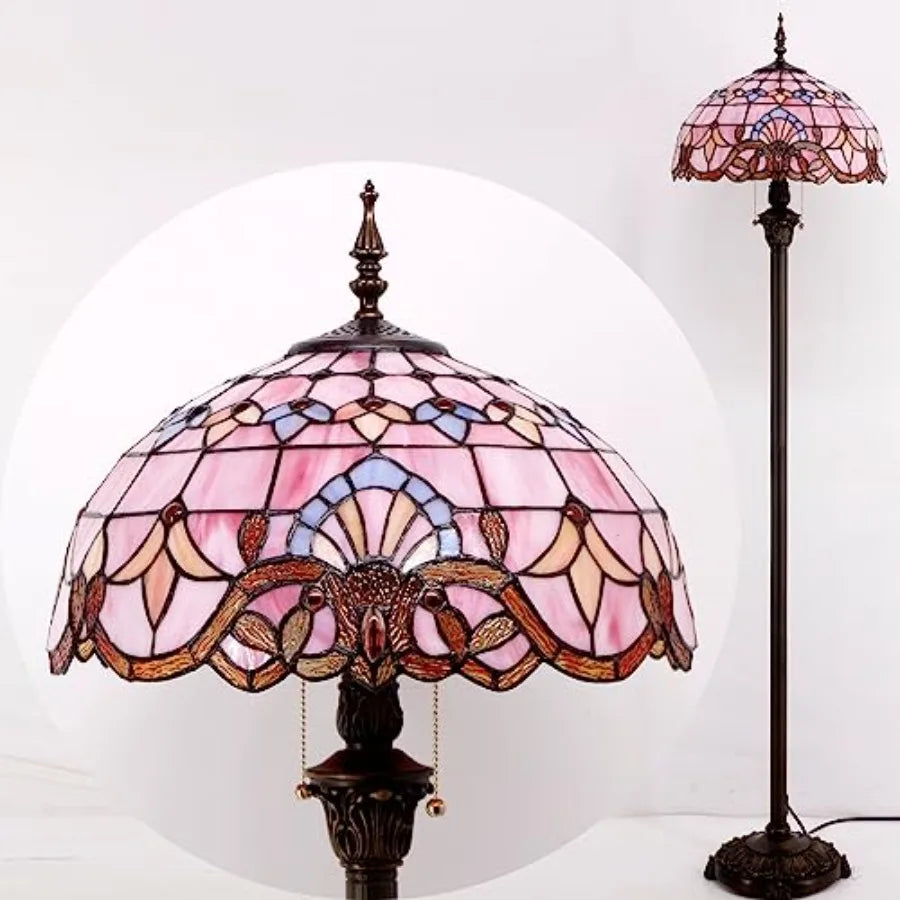 Floor Lamp Pink Baroque Stained Glass Standing Reading Light 16X16X64 Inches Antique Pole Corner Lamp Decor for Bedroom