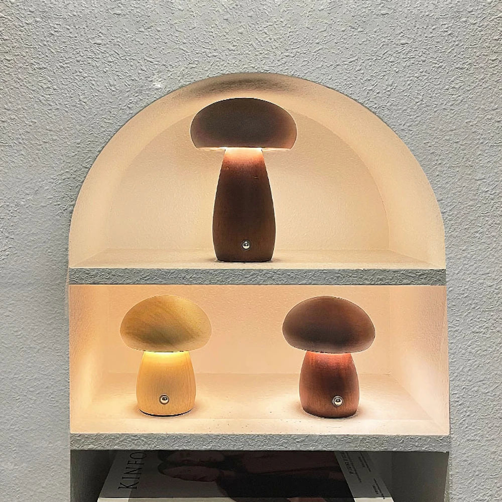 Wooden Mushroom Night Light Touch Switch Dimmable LED USB Charging Table Lamp for Bedroom Home Decor Unique Gift Idea