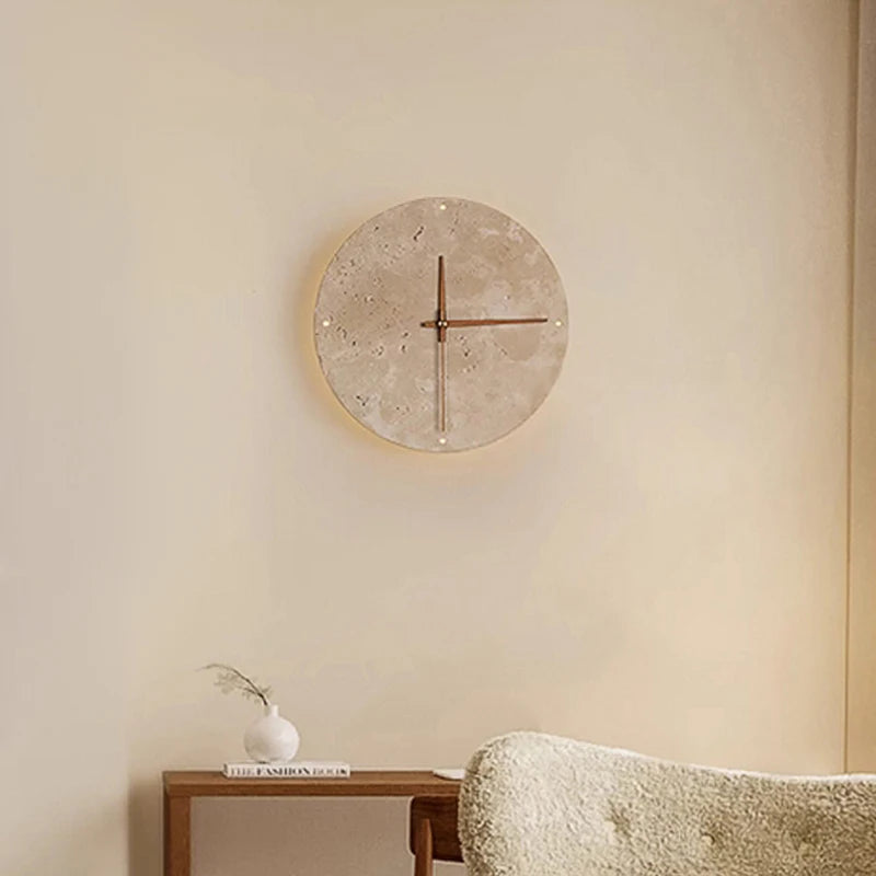 Modern Creative Clock Living Room Wabi Sabi Wall Lamp Nordic Simple Yellow Travertine Restaurant Corridor Circular Sconce Light