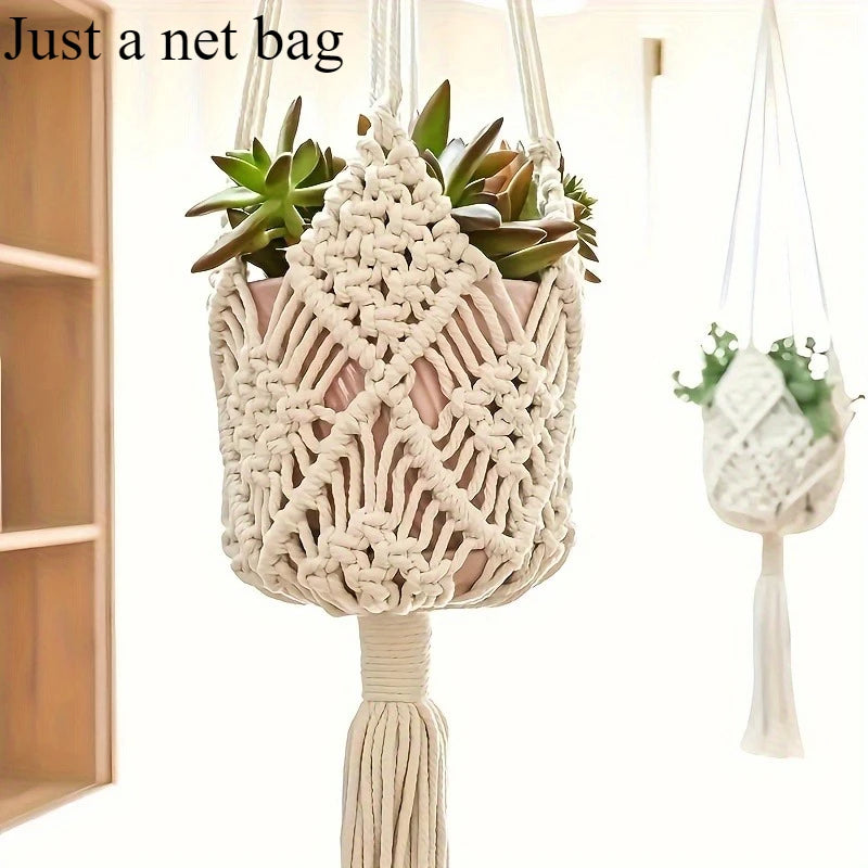 1pcs Boho Macrame Plant Hanger for Indoor Outdoor Hanging Succulents Cotton Rope Woven Hanging Basket with Net Pouch