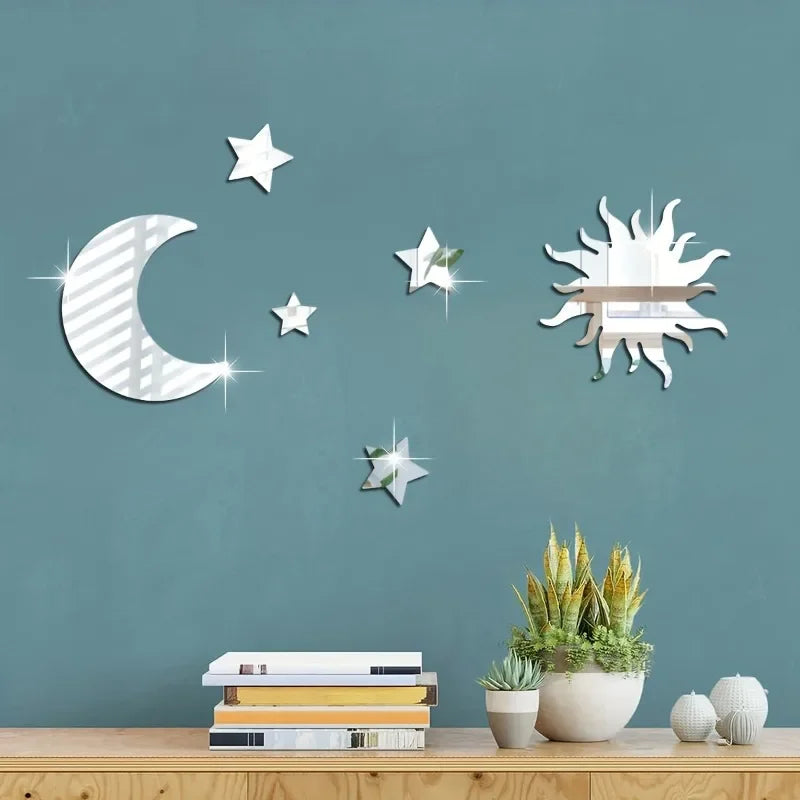 6pcs Star Moon Sun Shaped Mirror Wall Sticker, Removable DIY Art Acrylic Wall Decal, Creative Self-adhesive Mirror Sticker For