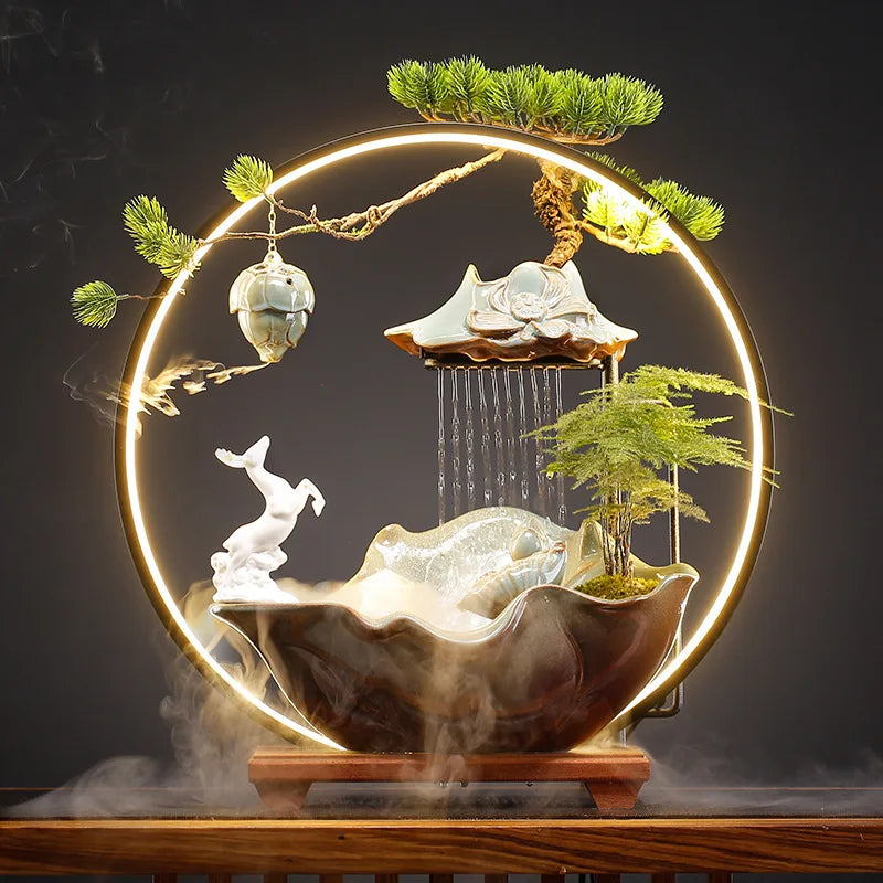 2024 New Ceramic Guanyin Buddha With Table Lamp Usb Led Light Backflow Waterfall Incense Burner