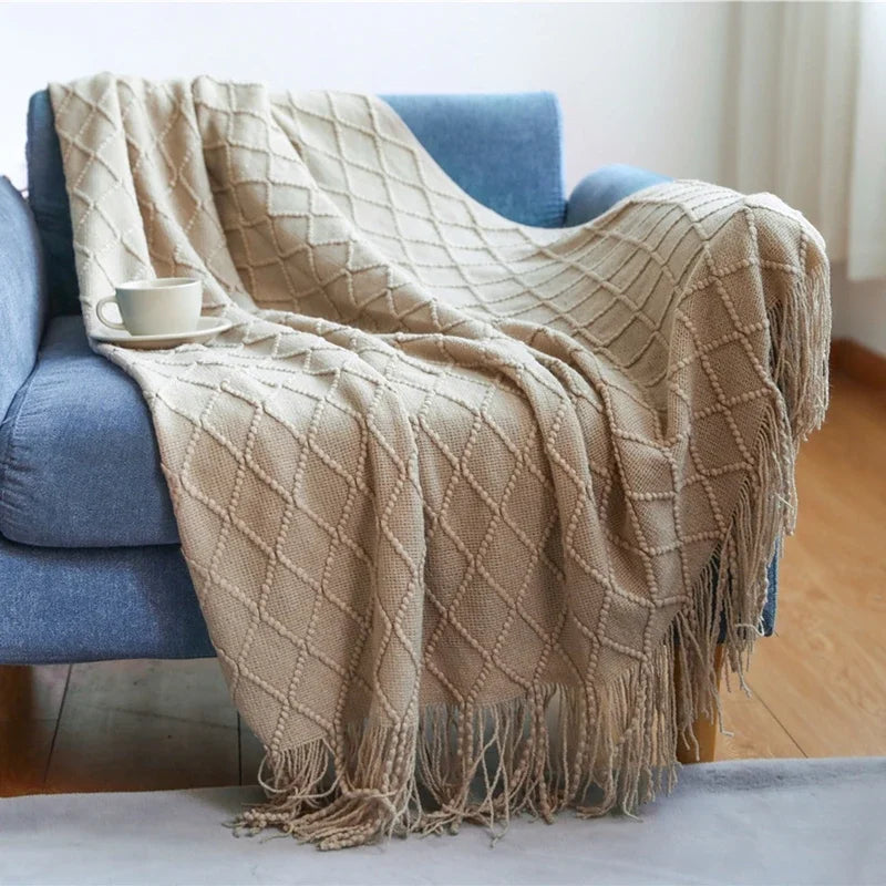 Bohemian Knitted Blankets with Tassels Cream White Oversized Nordic Textured Cozy Throw Blankets All Season Gift Chunky Blankets