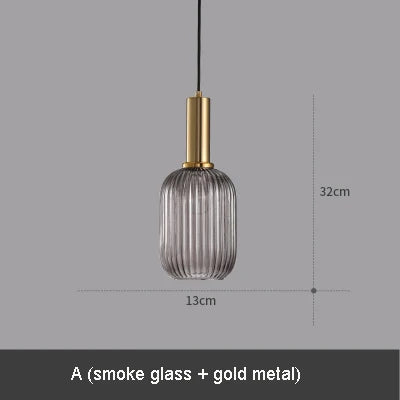 Modern Ribbed Glass Pendant Lamp Smoke Cognac Green Nordic Suspension Light Dinning Room Bedroom Restaurant Hotel Bedside Cafe