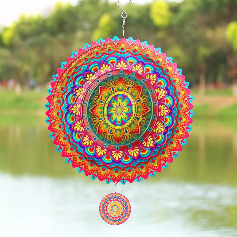 Wind Spinner Mandala Hanging Decor for Outdoor Yard and Garden Kinetic Sculpture Metal 3d Flower Chime Ramadan Patio Ornaments