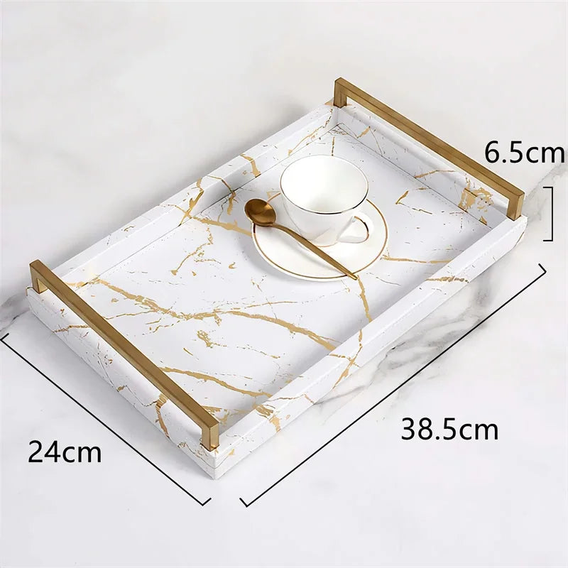 Nordic Marbled Leather Tray Rectangular Metal Handle Plate Storage Trays Decorative Home Hotel Coffee Table Service Plate Large