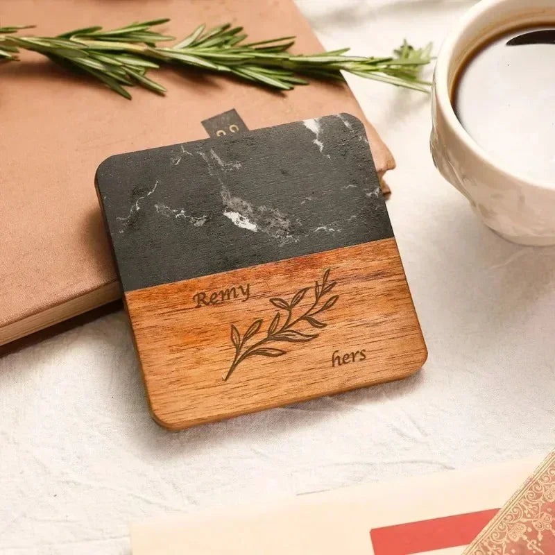 Free Custom Personalized Marble Acacia Wood Coaster Gifts for Colleagues and Friends Insulation Coaster Stone and Wood Splicing
