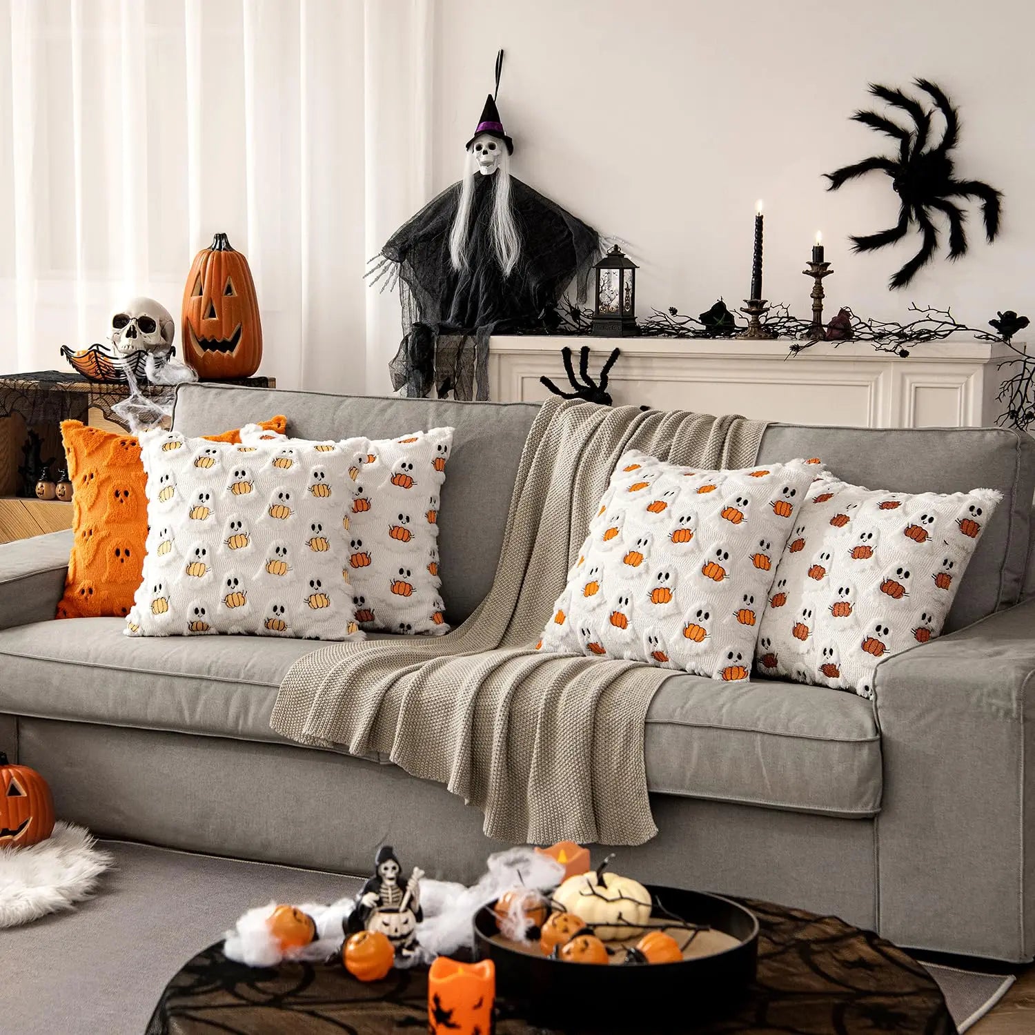 Ghost Pumpkin Plush Faux Fur Pillow Covers 18x18 Inch Soft Halloween Decor for Sofa Couch Bed Living Room, White Bright Orange