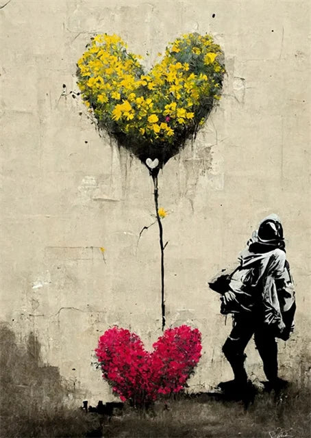 Banksy-Inspired Canvas Print-Graffiti Boy and Girl with Balloon Poster for Pop Street Art Decor in Living Room and Home