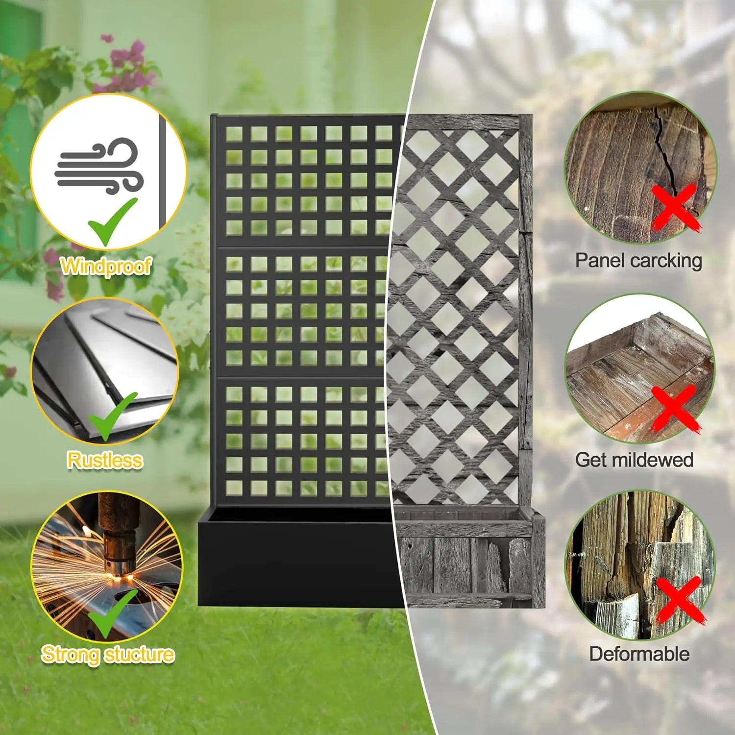 Metal Raised Garden Bed with Trellis, Metal Planter Box with Trellis, Garden Box for Climbing Plants Vegetable, 47''Lx16''Wx71''