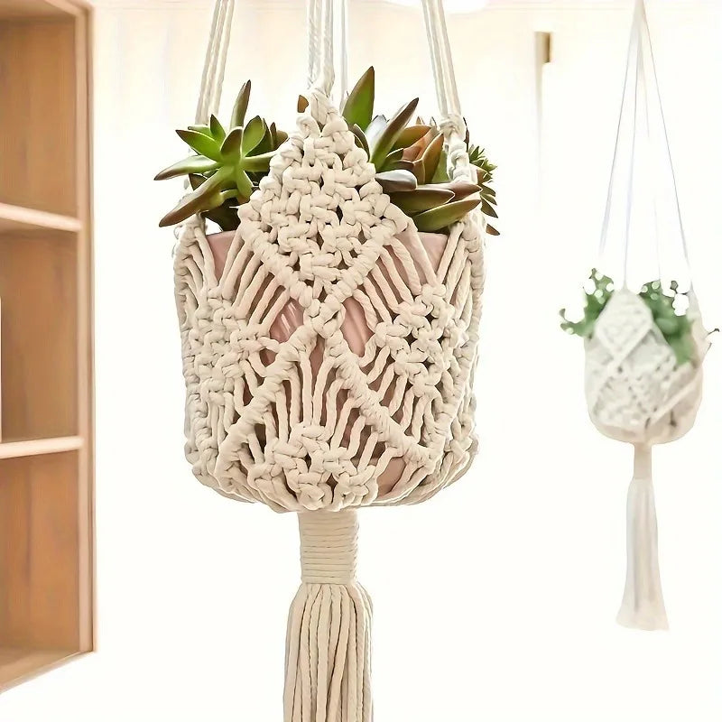 1pcs Boho Macrame Plant Hanger for Indoor Outdoor Hanging Succulents Cotton Rope Woven Hanging Basket with Net Pouch