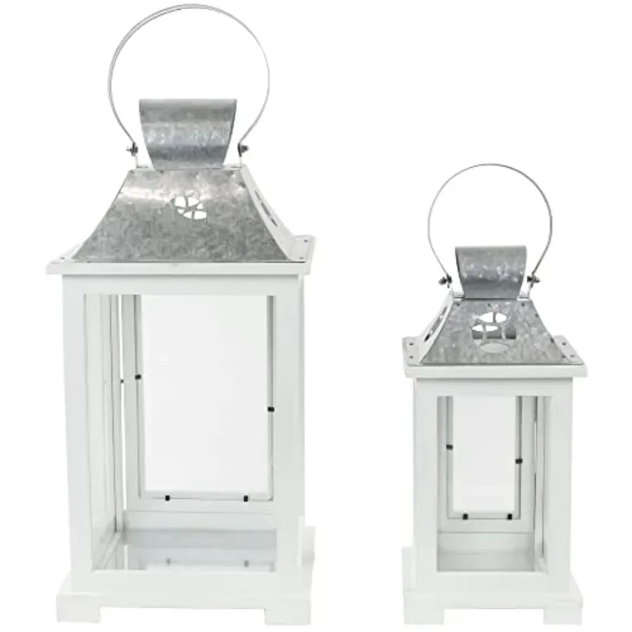 Set of 2 Wooden Candle Lanterns with Galvanized Metal Tops 19.5 inches White Ideal for Outdoor Patio Decor Garden Lighting and
