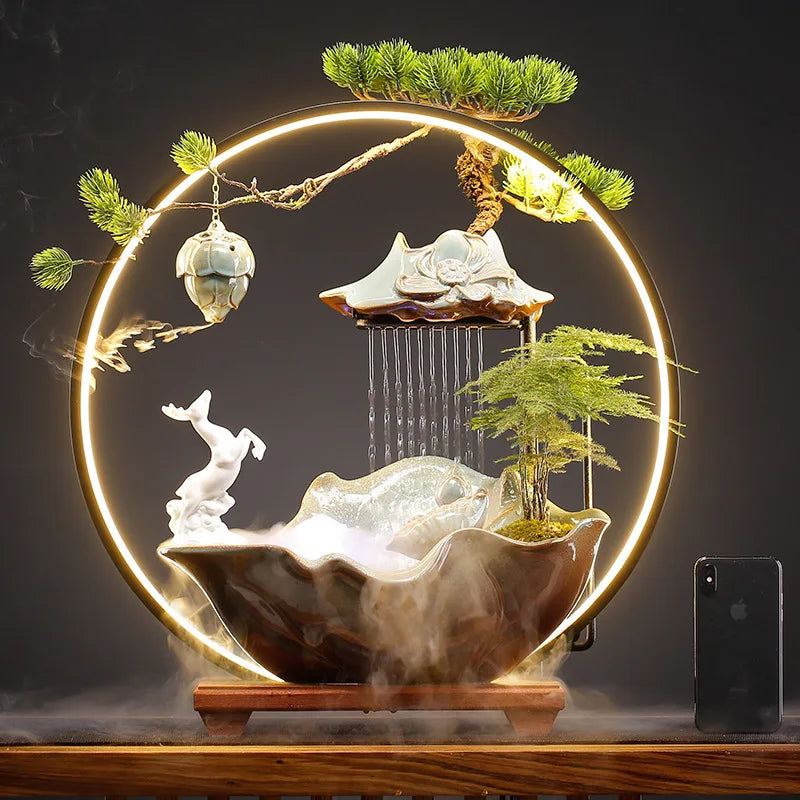 2024 New Ceramic Guanyin Buddha With Table Lamp Usb Led Light Backflow Waterfall Incense Burner