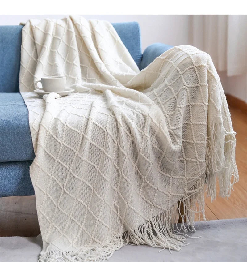 Bohemian Knitted Blankets with Tassels Cream White Oversized Nordic Textured Cozy Throw Blankets All Season Gift Chunky Blankets