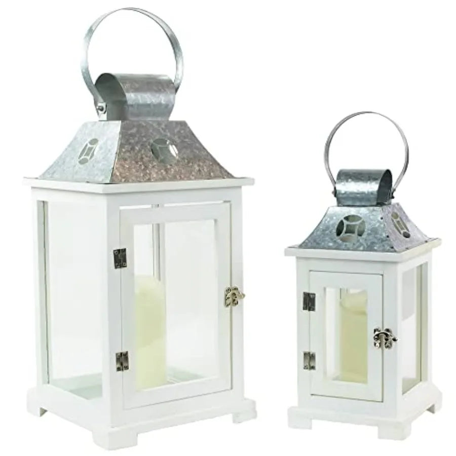 Set of 2 Wooden Candle Lanterns with Galvanized Metal Tops 19.5 inches White Ideal for Outdoor Patio Decor Garden Lighting and