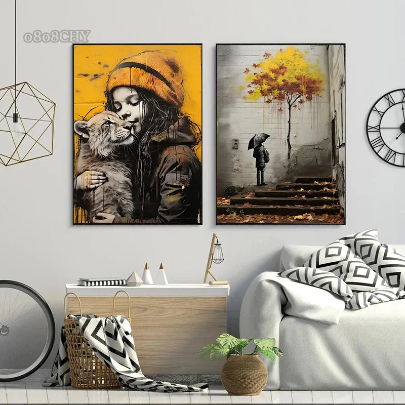 Banksy-Inspired Canvas Print-Graffiti Boy and Girl with Balloon Poster for Pop Street Art Decor in Living Room and Home