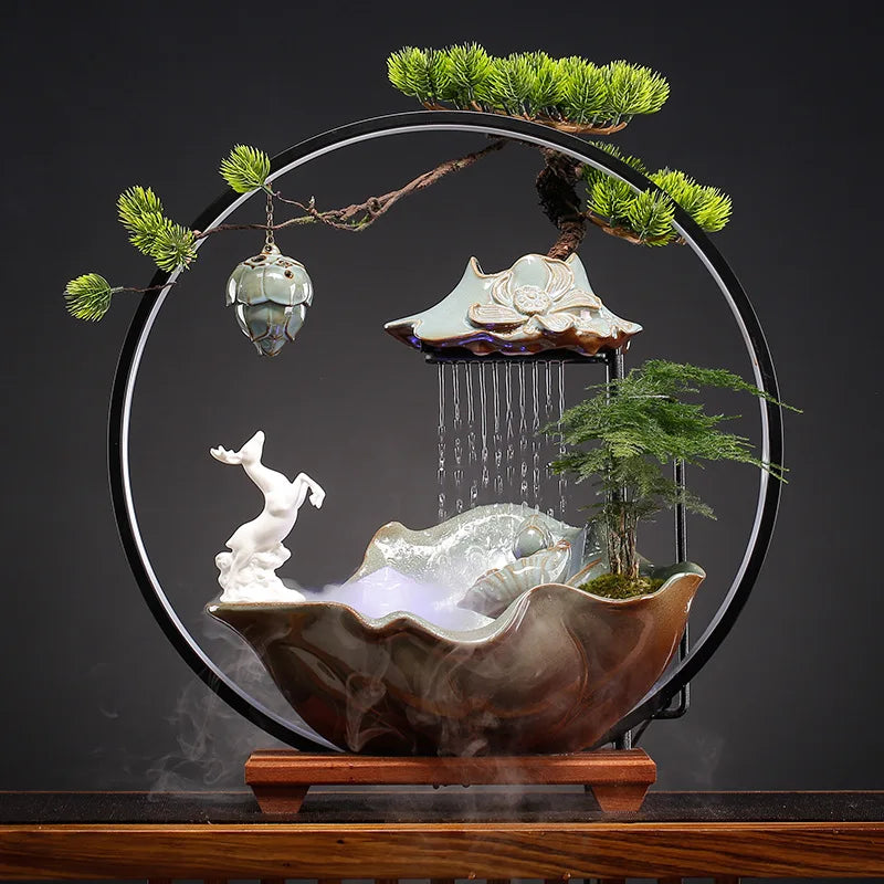 2024 New Ceramic Guanyin Buddha With Table Lamp Usb Led Light Backflow Waterfall Incense Burner