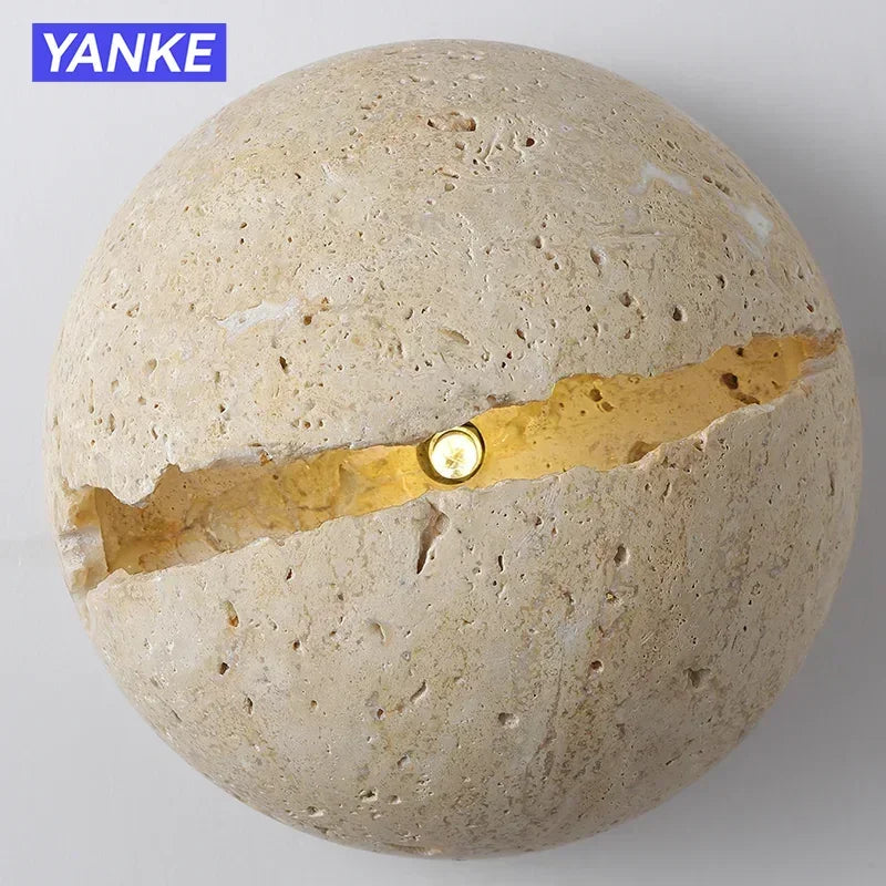 Japanese Wabi-Sabi Round Yellow Travertine Stone Wall Lamp for Bedroom Bedside Lamp Hallway Villa Background Wall Decor Lighting