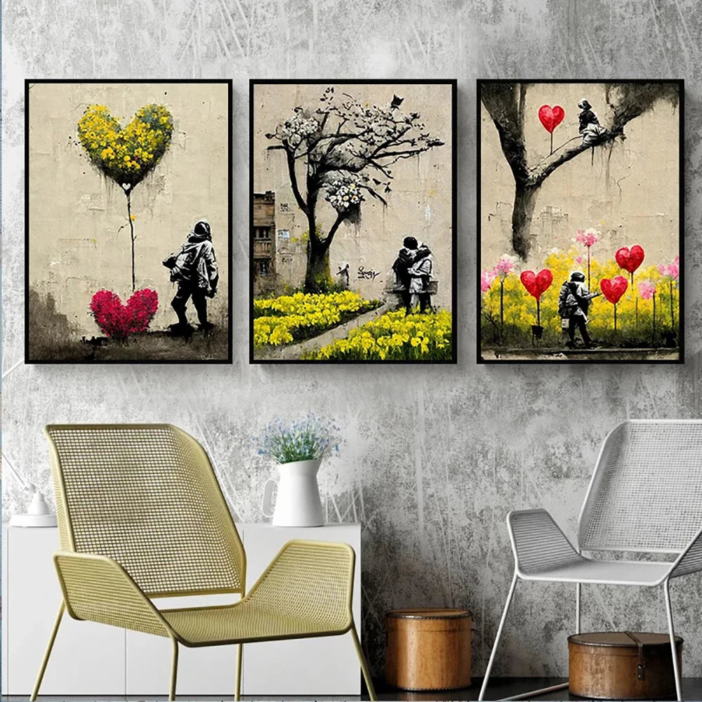 Banksy-Inspired Canvas Print-Graffiti Boy and Girl with Balloon Poster for Pop Street Art Decor in Living Room and Home