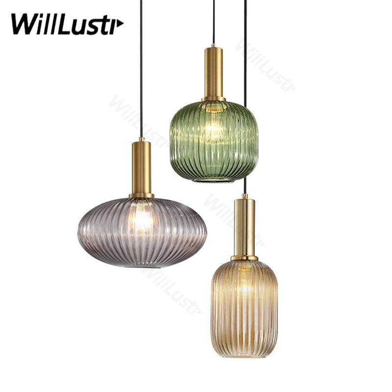 Modern Ribbed Glass Pendant Lamp Smoke Cognac Green Nordic Suspension Light Dinning Room Bedroom Restaurant Hotel Bedside Cafe