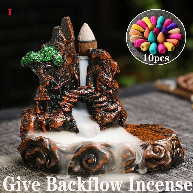 2025 Mountains River Waterfall Reflux Incense Burner Fountain Backflow Aroma Smoke Censer Holder Home Crafts +60 Incense Cones