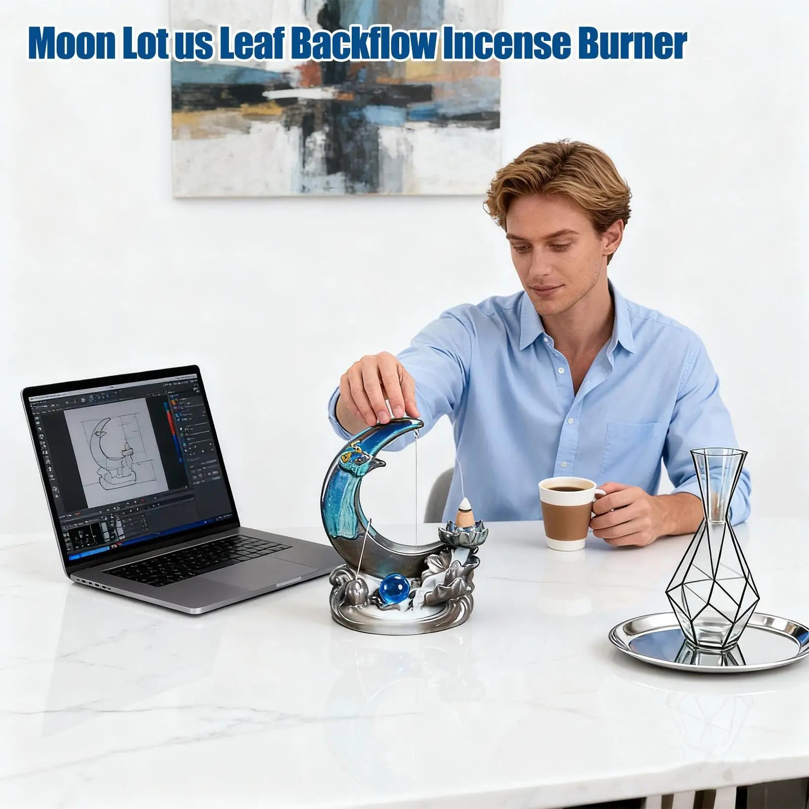 Backflow Incense Holder Moon Shaped Fountain Diffuser Waterfall Ceramic Incense Cone Holder For Home Room House Entryway Cabin