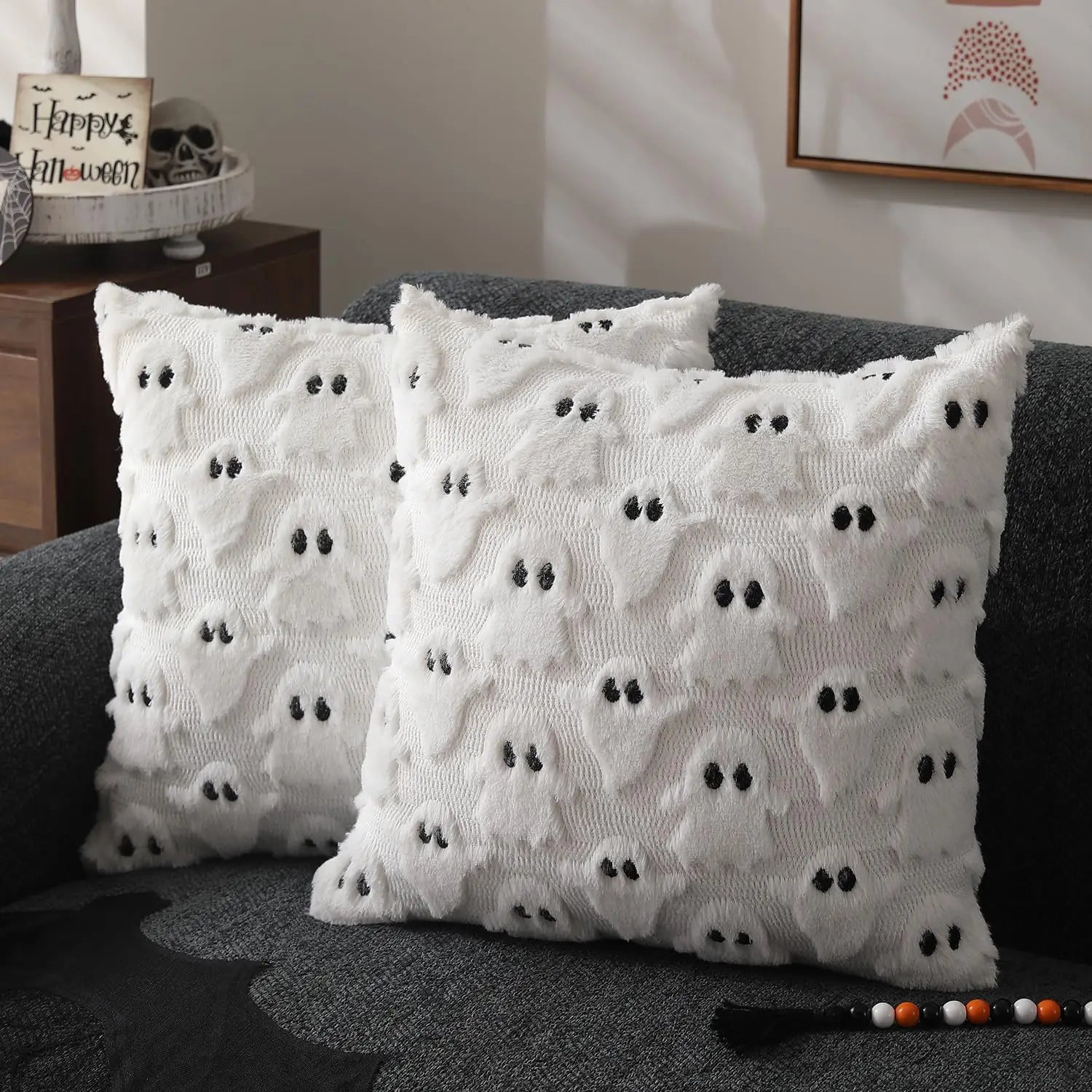 Ghost Pumpkin Plush Faux Fur Pillow Covers 18x18 Inch Soft Halloween Decor for Sofa Couch Bed Living Room, White Bright Orange